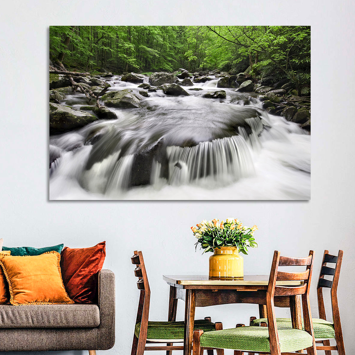 Smoky Mountains Cascading Stream Wall Art in a room, landscape