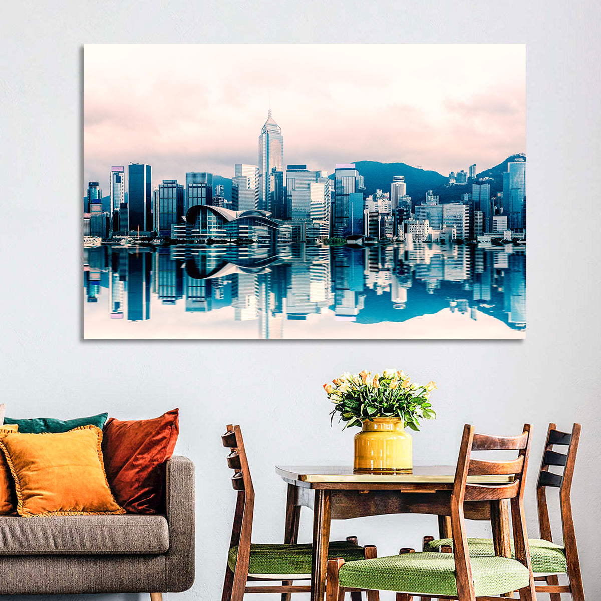 Victoria Harbour Sketch at Dusk Wall Art in a room, landscape