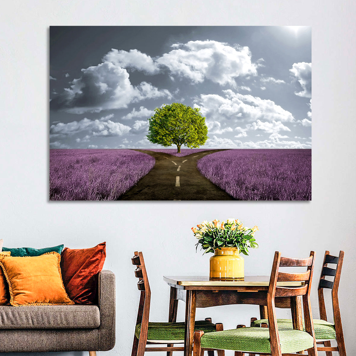 Lavender Field Crossroads with Lone Tree Wall Art in a room, landscape