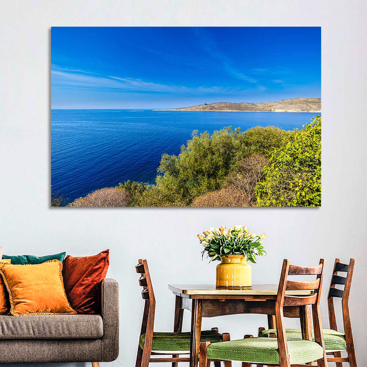 Sunlit Albanian Coastline Wall Art in a room, landscape