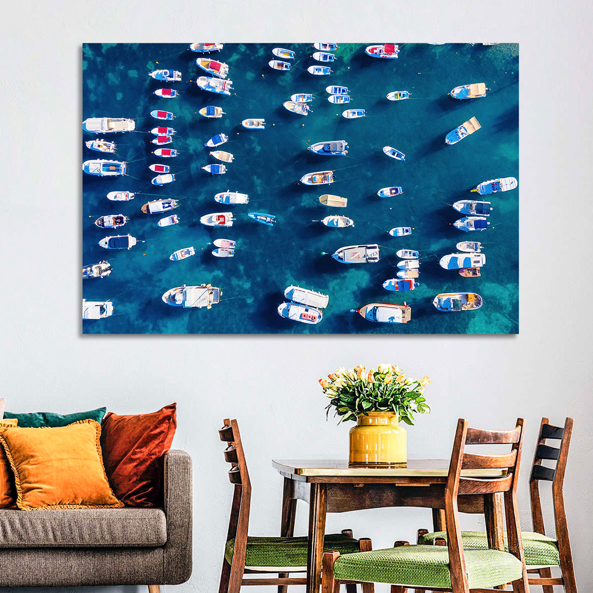 Aerial Boats Over Turquoise Sea Wall Art in a room, landscape