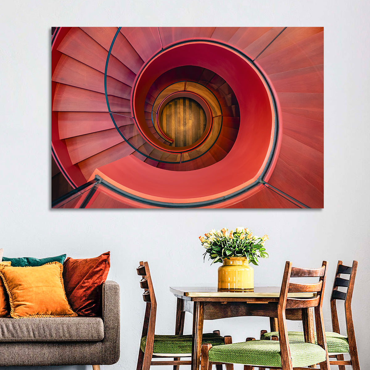 Red Spiral Staircase Wall Art in a room, landscape