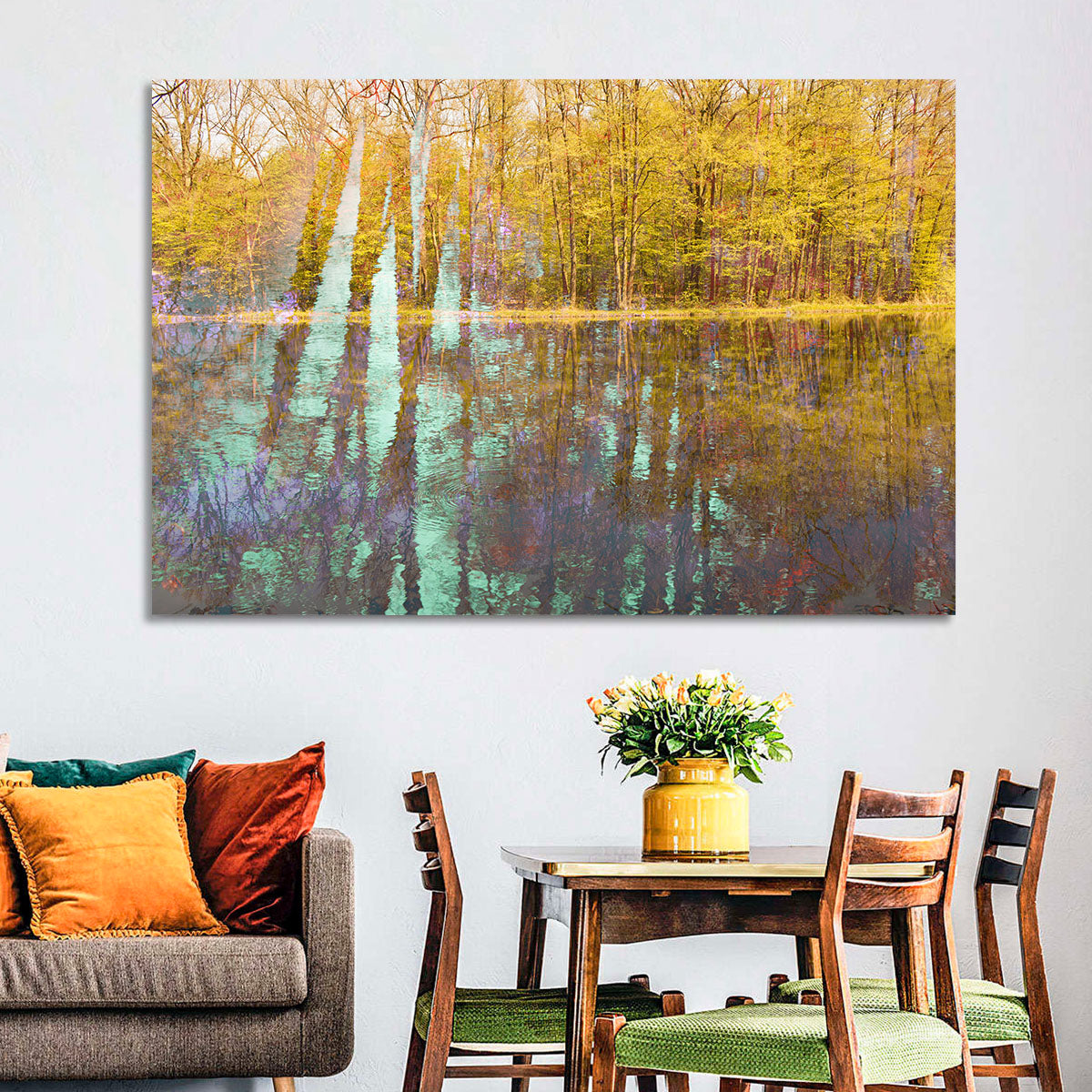 Autumn River Reflection Wall Art in a room, landscape