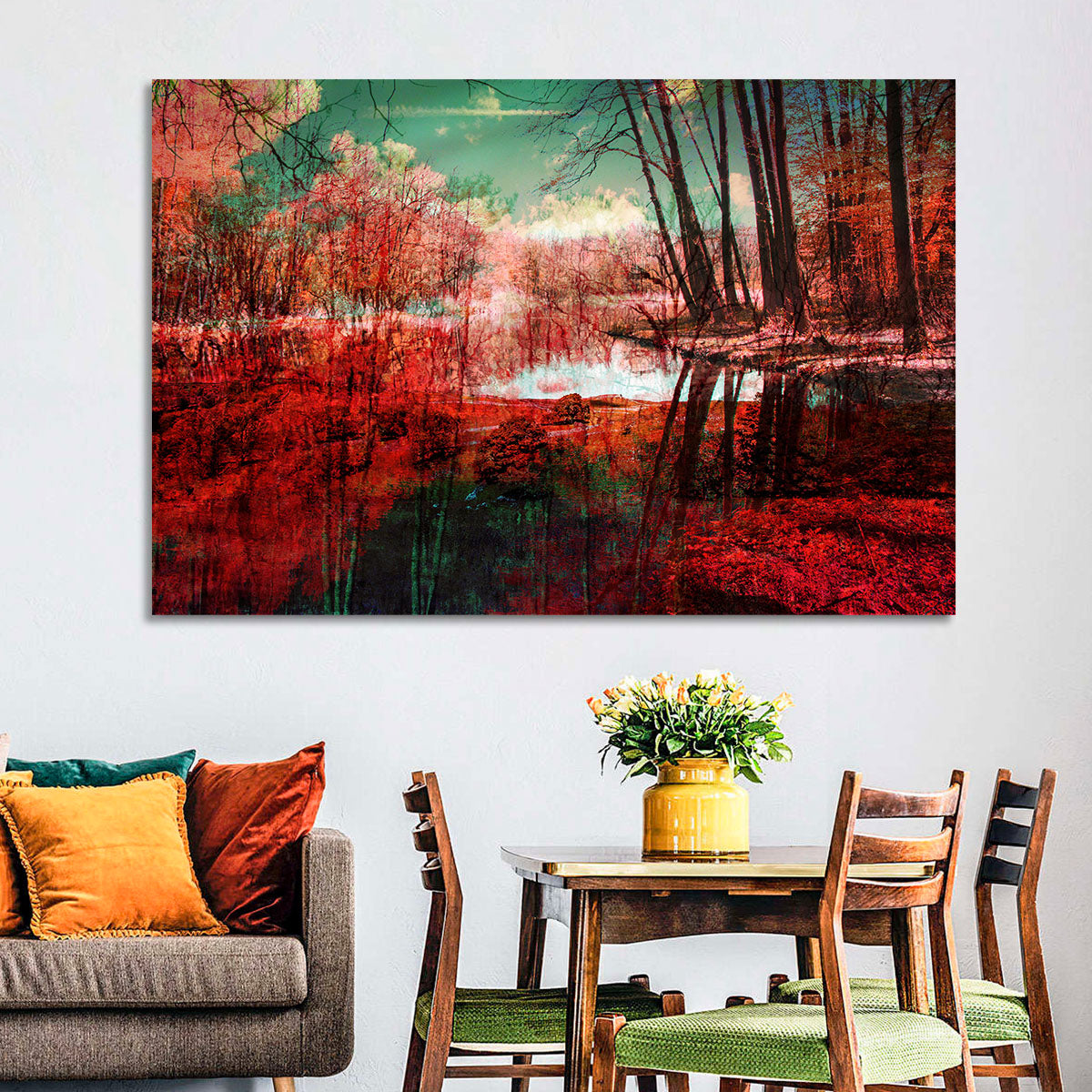 Red Forest Reflection Wall Art in a room, landscape