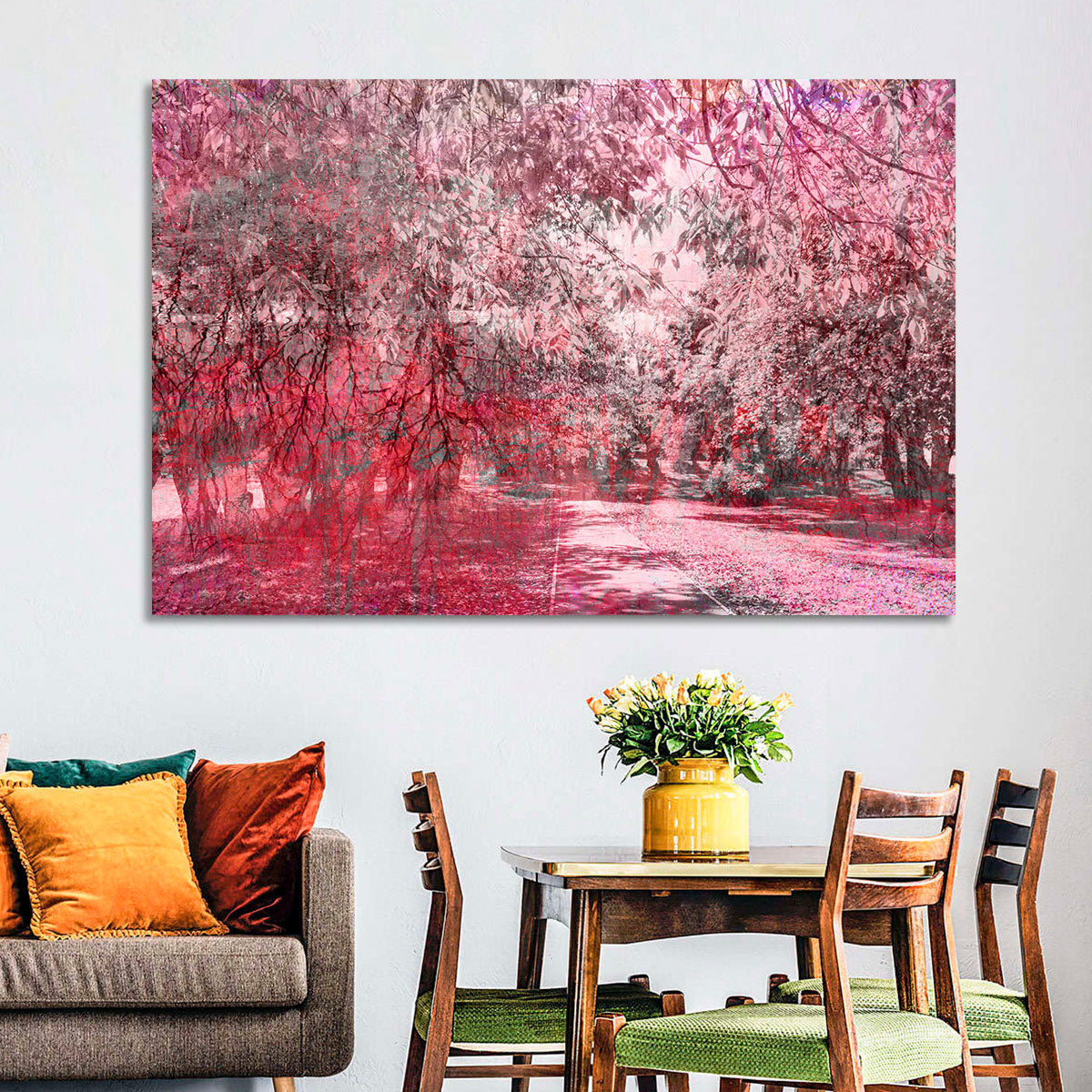 Pink Autumn Pathway Wall Art in a room, landscape