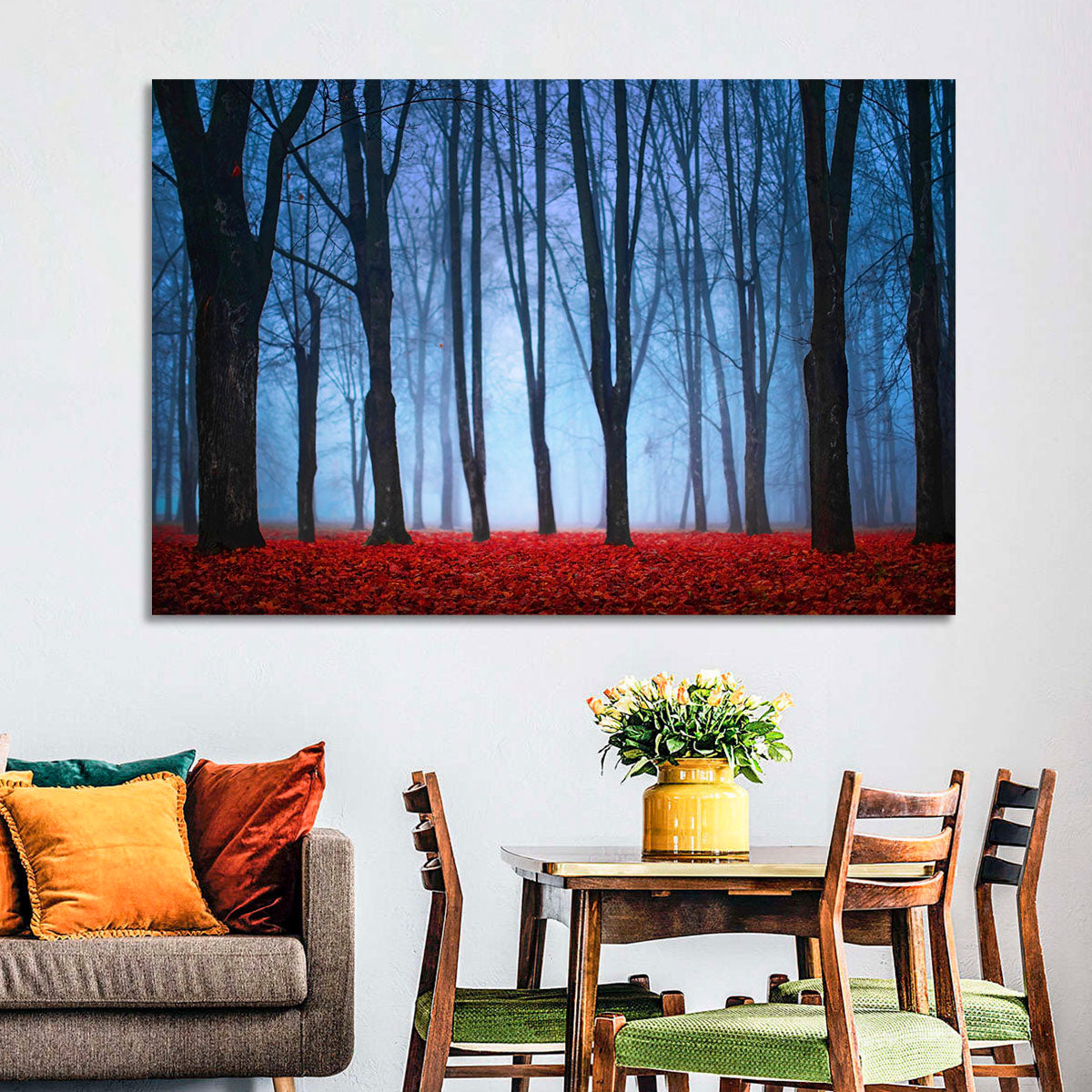 Mystical Autumn Forest Wall Art in a room, landscape