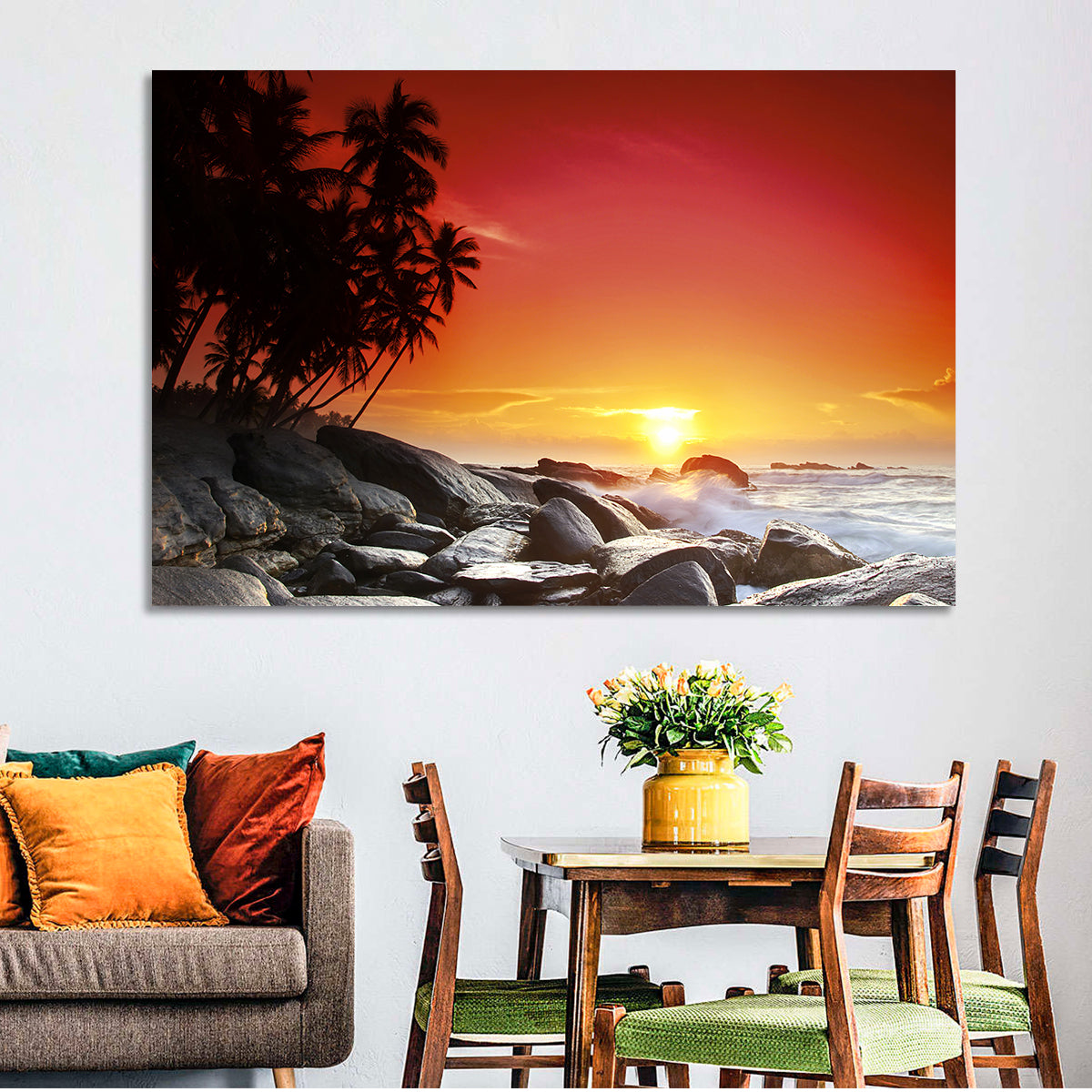 Tropical Island Sunset Wall Art in a room, landscape