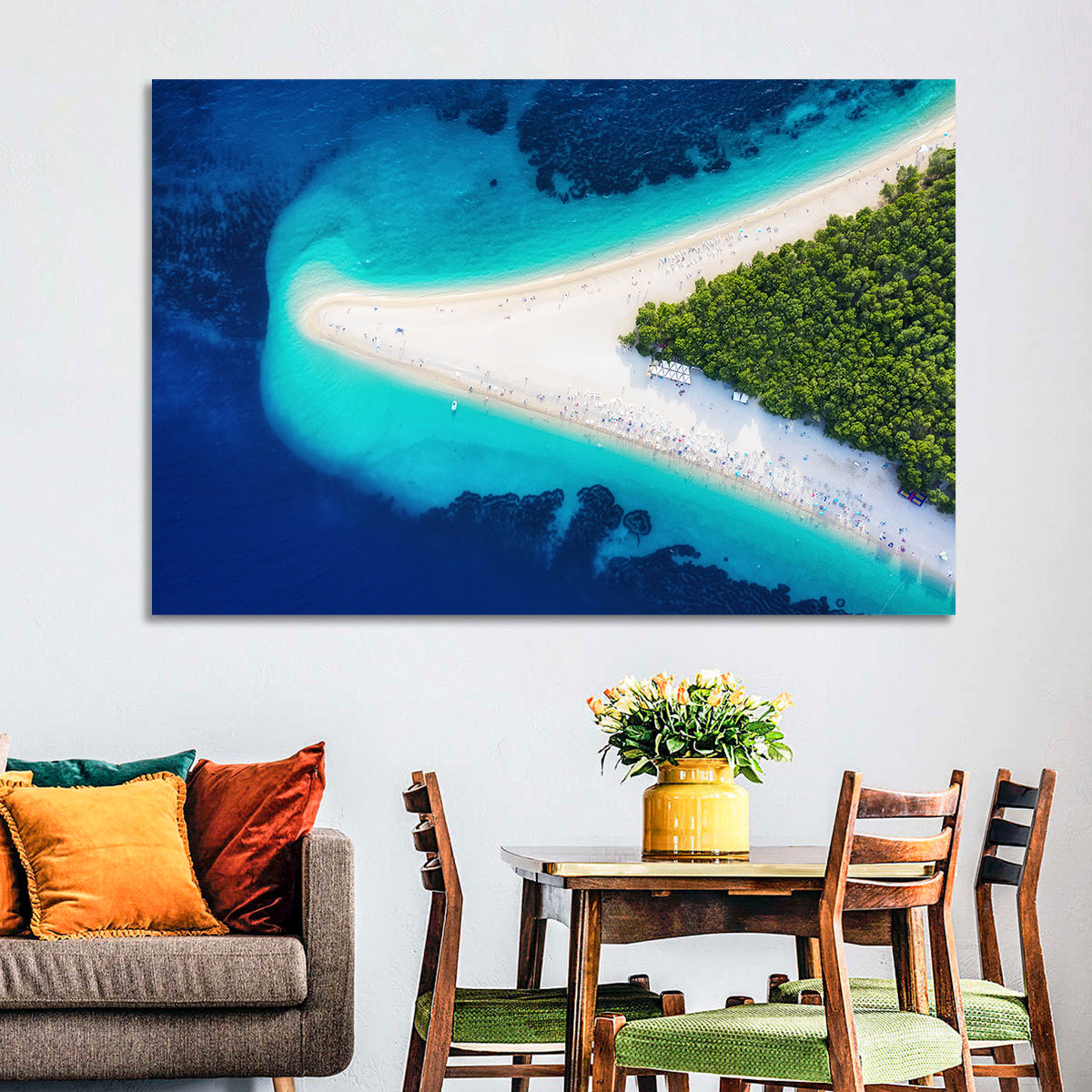 Zlatni Rat Beach Aerial Coast Wall Art in a room, landscape