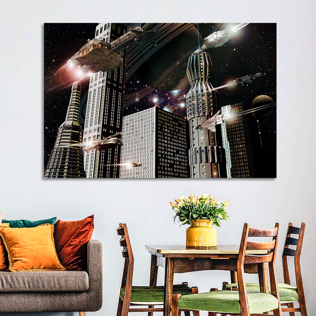 Ringed Planet Cityscape Wall Art in a room, landscape