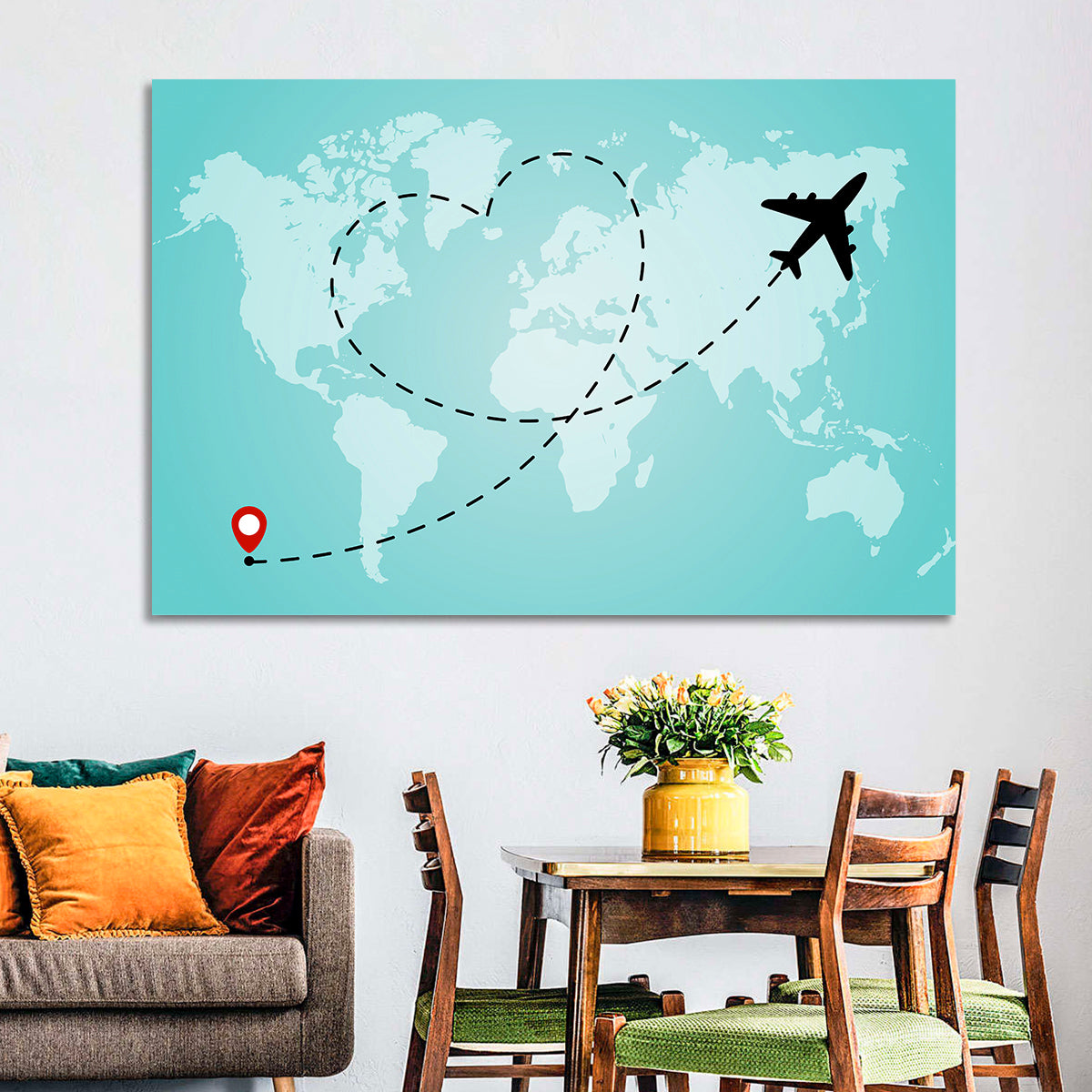 Heart Flight Map Wall Art in a room, landscape