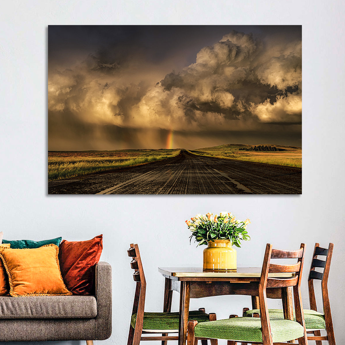 Rain-soaked Road to Rainbow Wall Art in a room, landscape