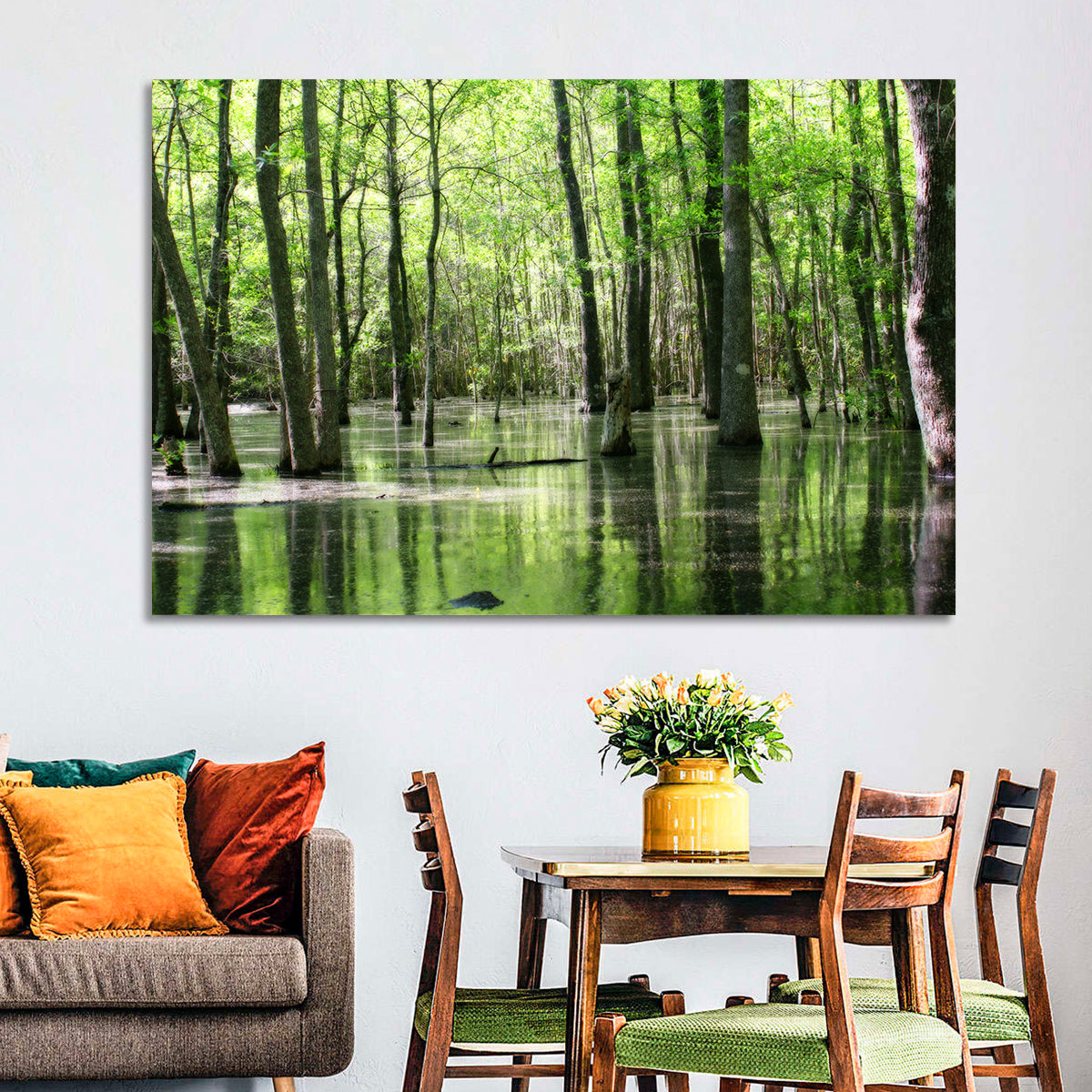 Sunlit Swamp Forest Wall Art in a room, landscape