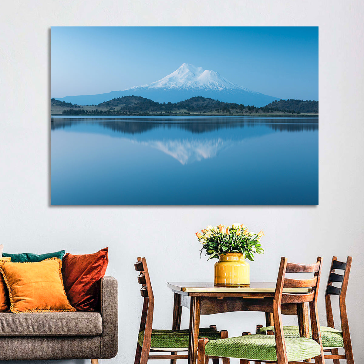 Snowy Mount Shasta Wall Art in a room, landscape