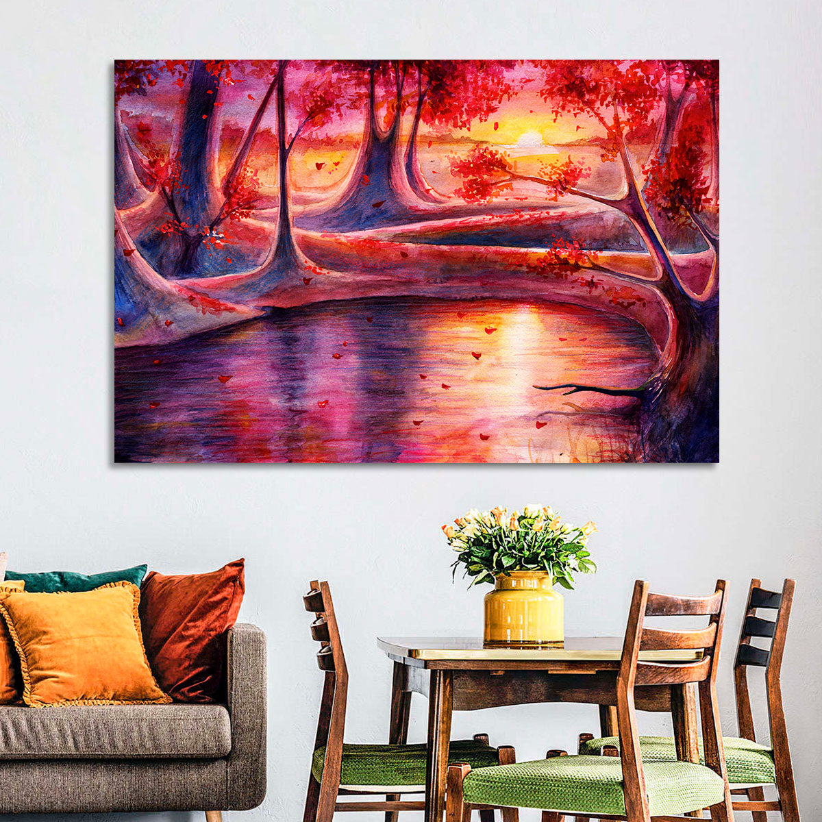 Autumn Forest Lake at Dusk Wall Art in a room, landscape