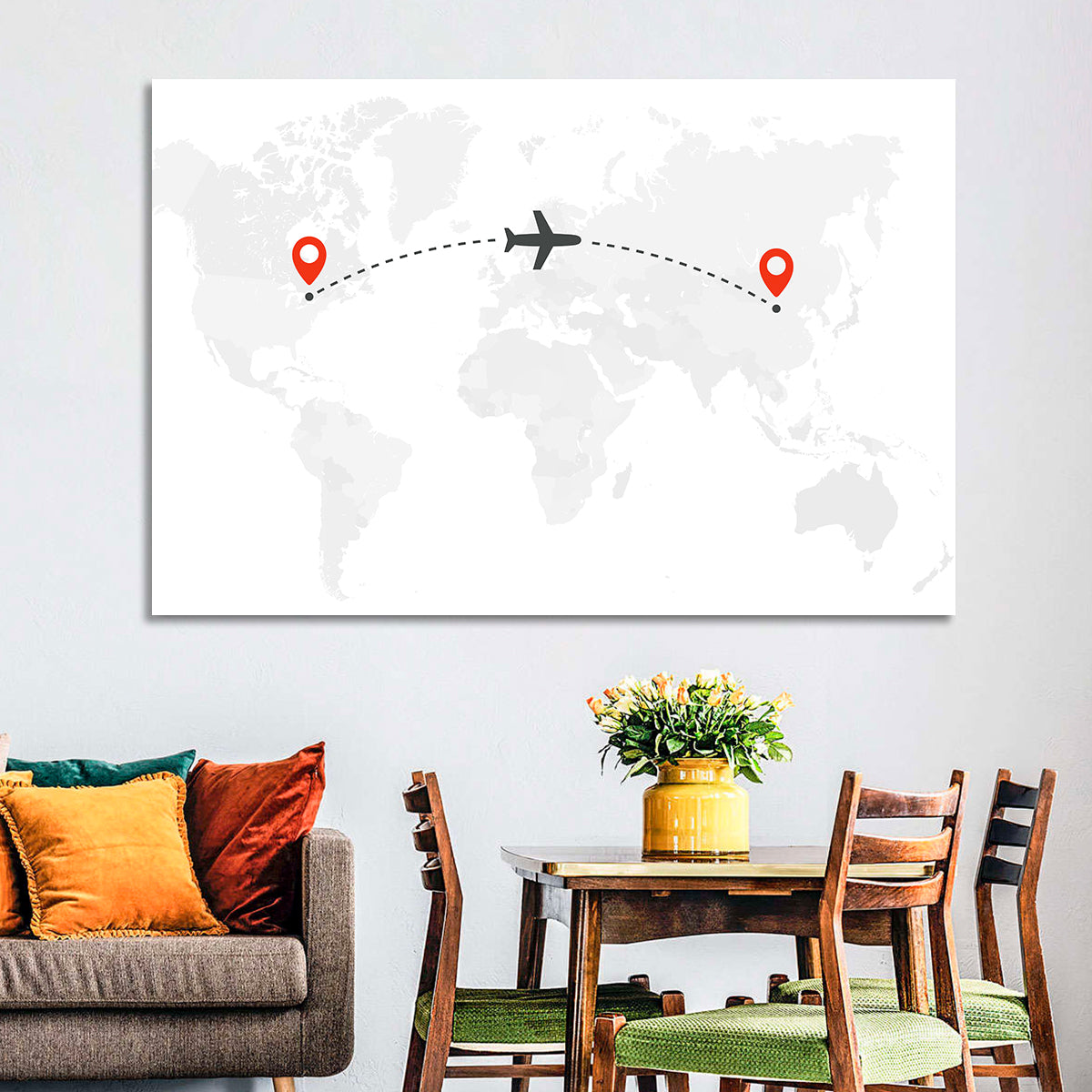 Air Travel World Map Wall Art in a room, landscape