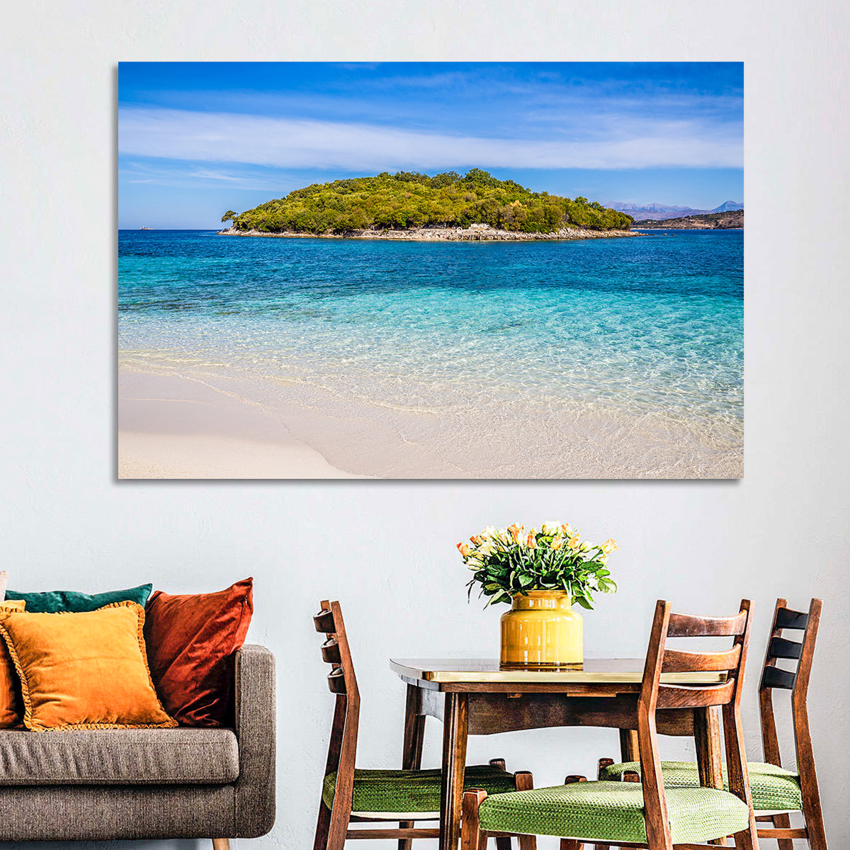 Butrint Turquoise Island Beach Wall Art in a room, landscape
