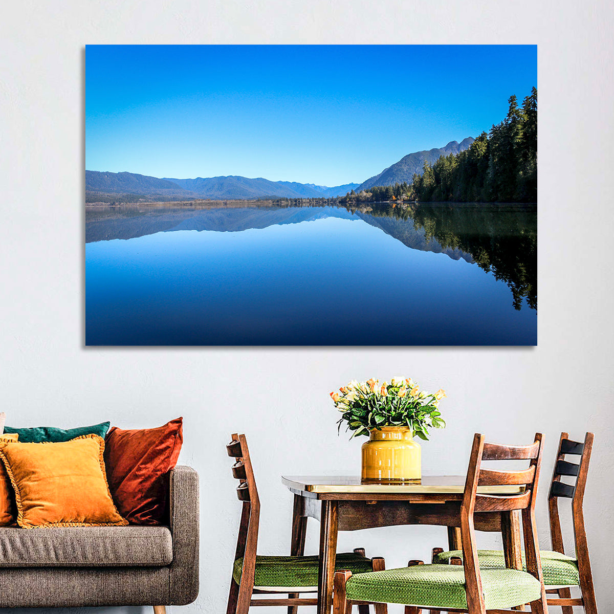 Lake Quinault Reflection Wall Art in a room, landscape