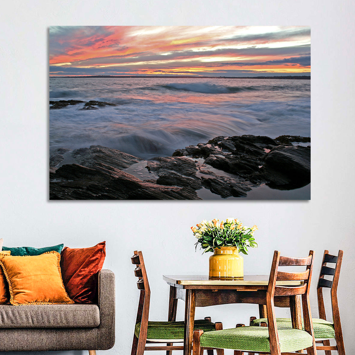 Rocky Coast Sunset Wall Art in a room, landscape