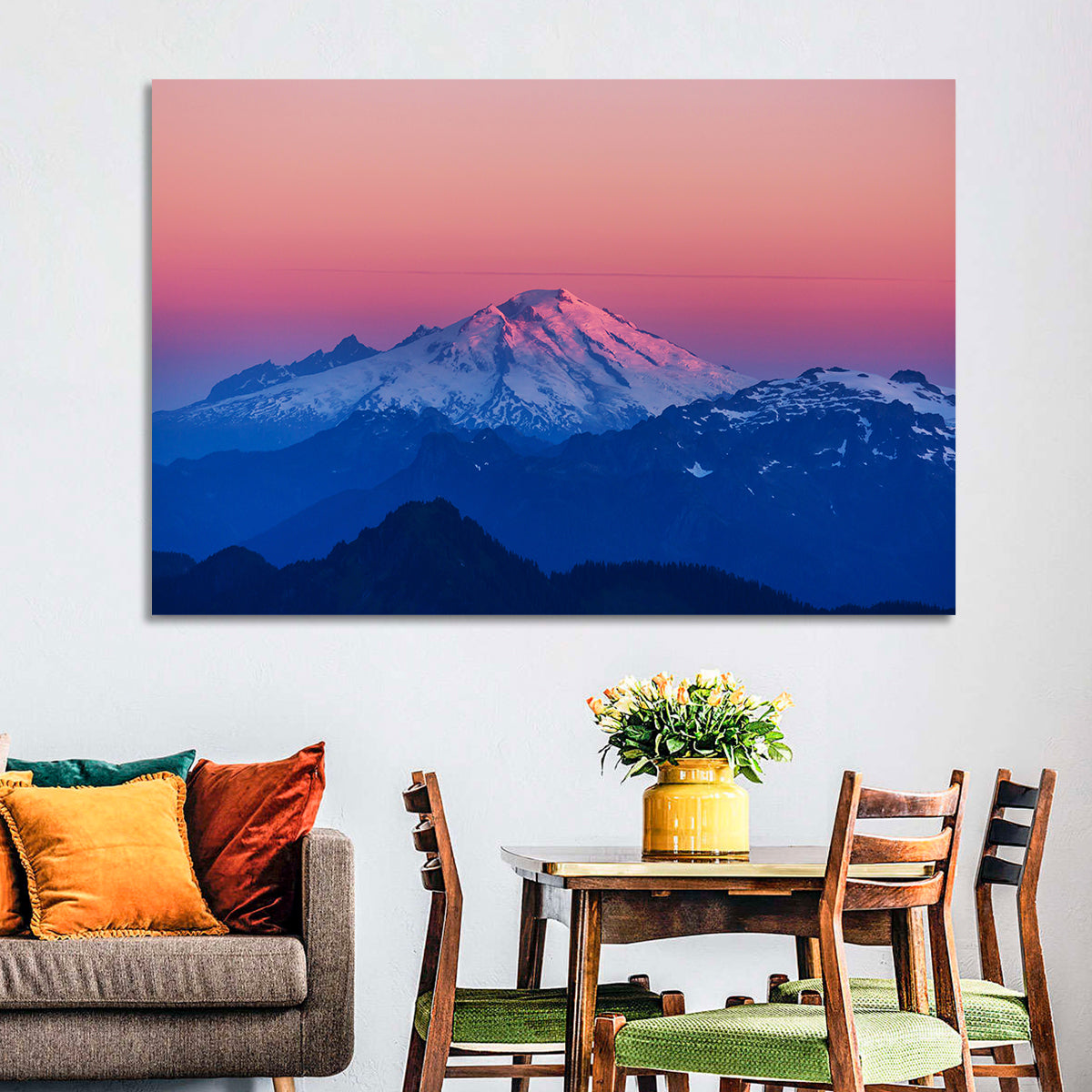Mount Baker Alpenglow Wall Art in a room, landscape