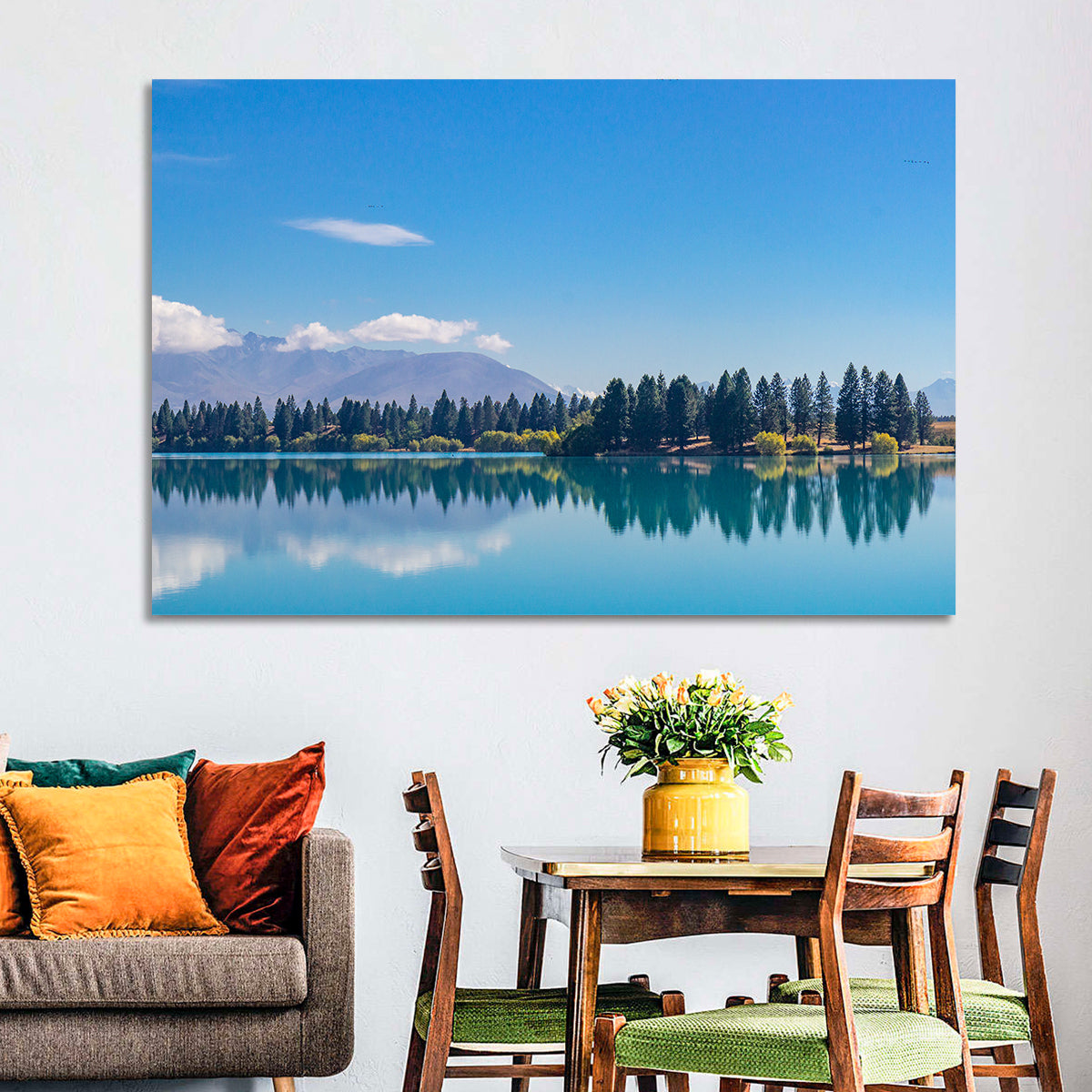 Lake Ruataniwha Reflection Wall Art in a room, landscape