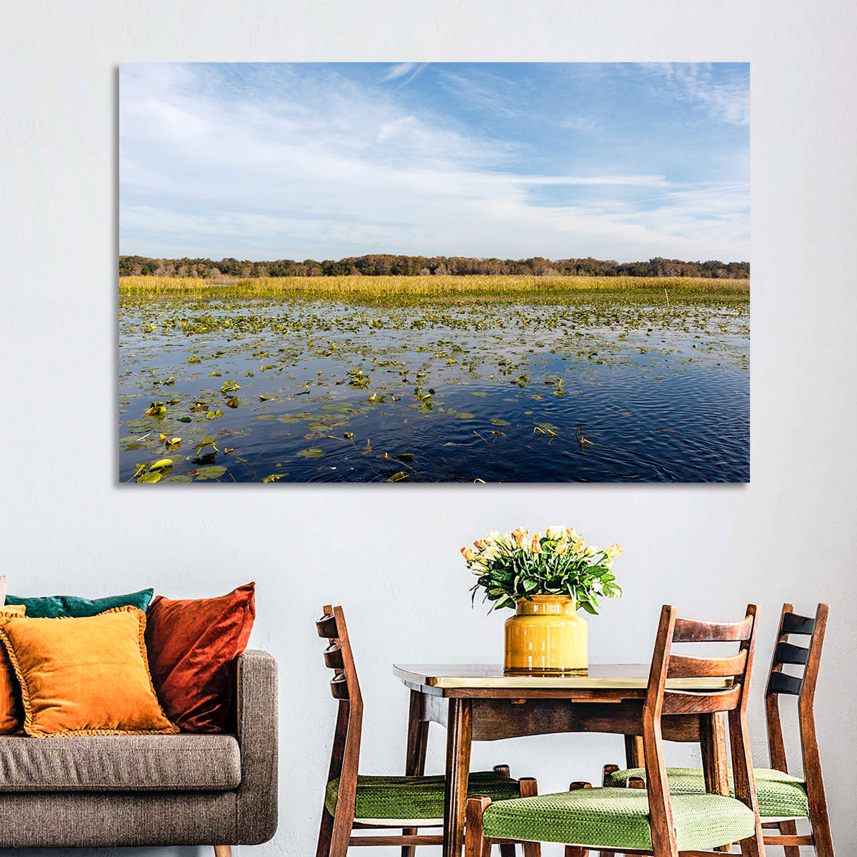 Cloudy Lake Toho Wall Art in a room, landscape