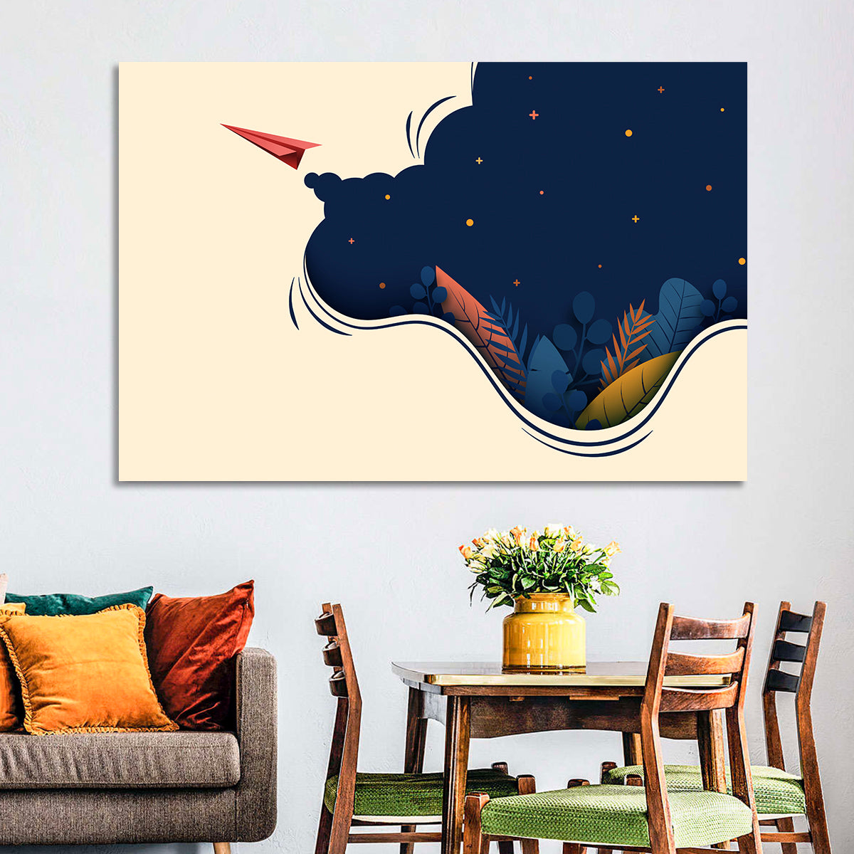 Paper Airplane in Flight Wall Art in a room, landscape