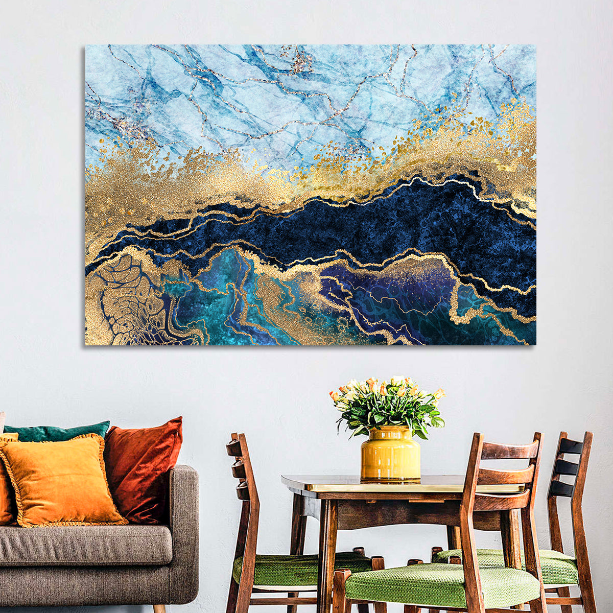 Blue Marble with Gold Veins Wall Art in a room, landscape