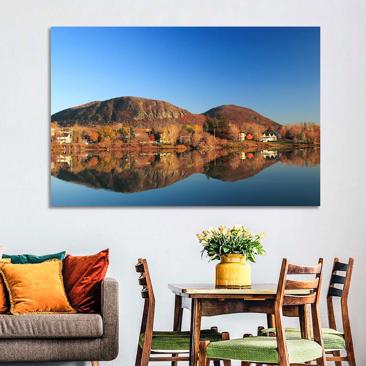 Mont Saint-hilaire Autumn Reflection Wall Art in a room, landscape