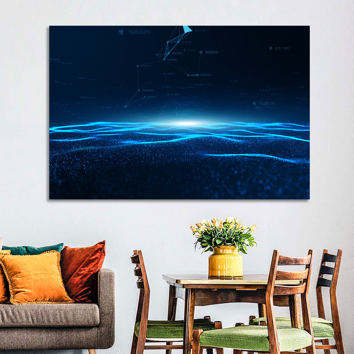 Digital Data Waves Wall Art in a room, landscape