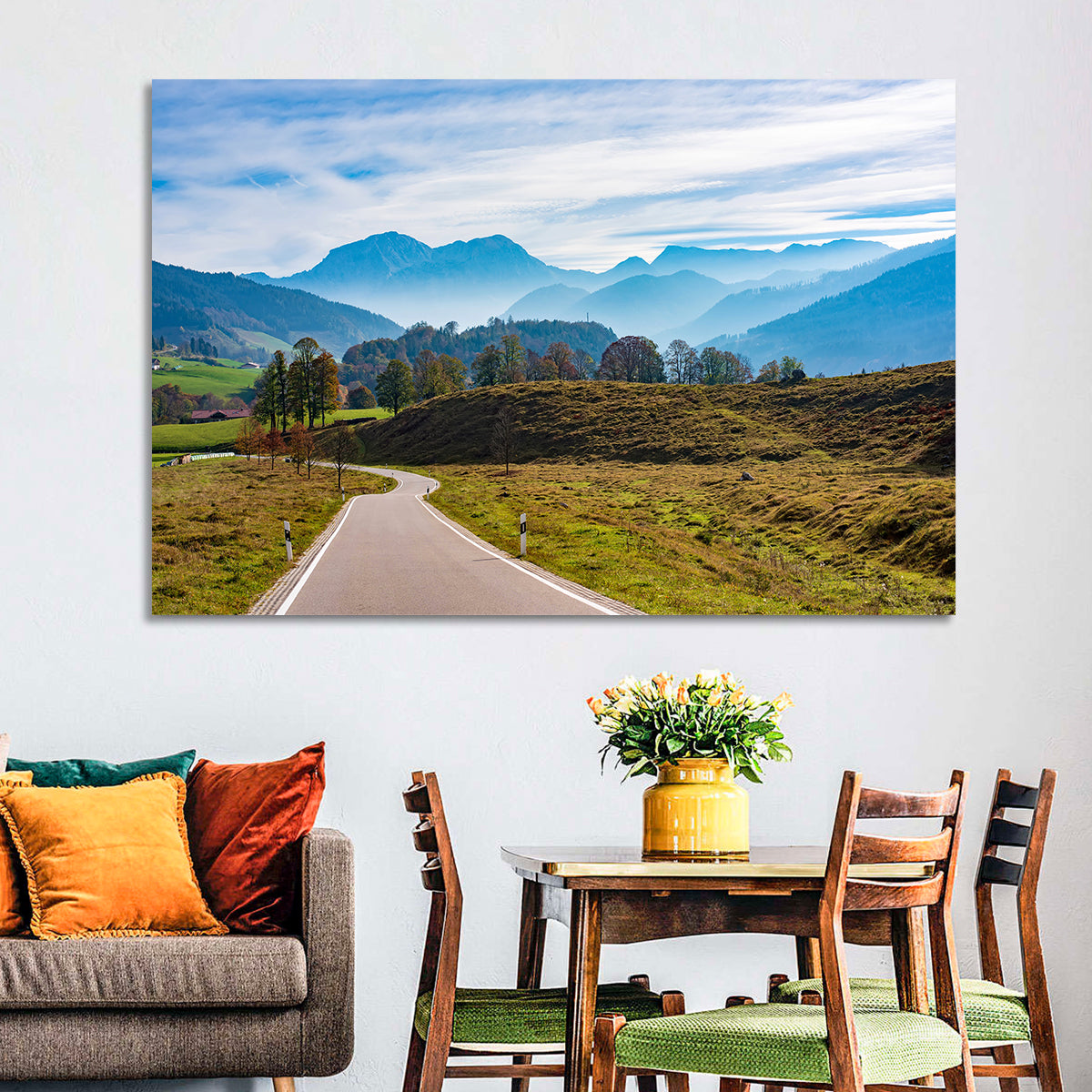 Bavarian Mountain Valley Wall Art in a room, landscape