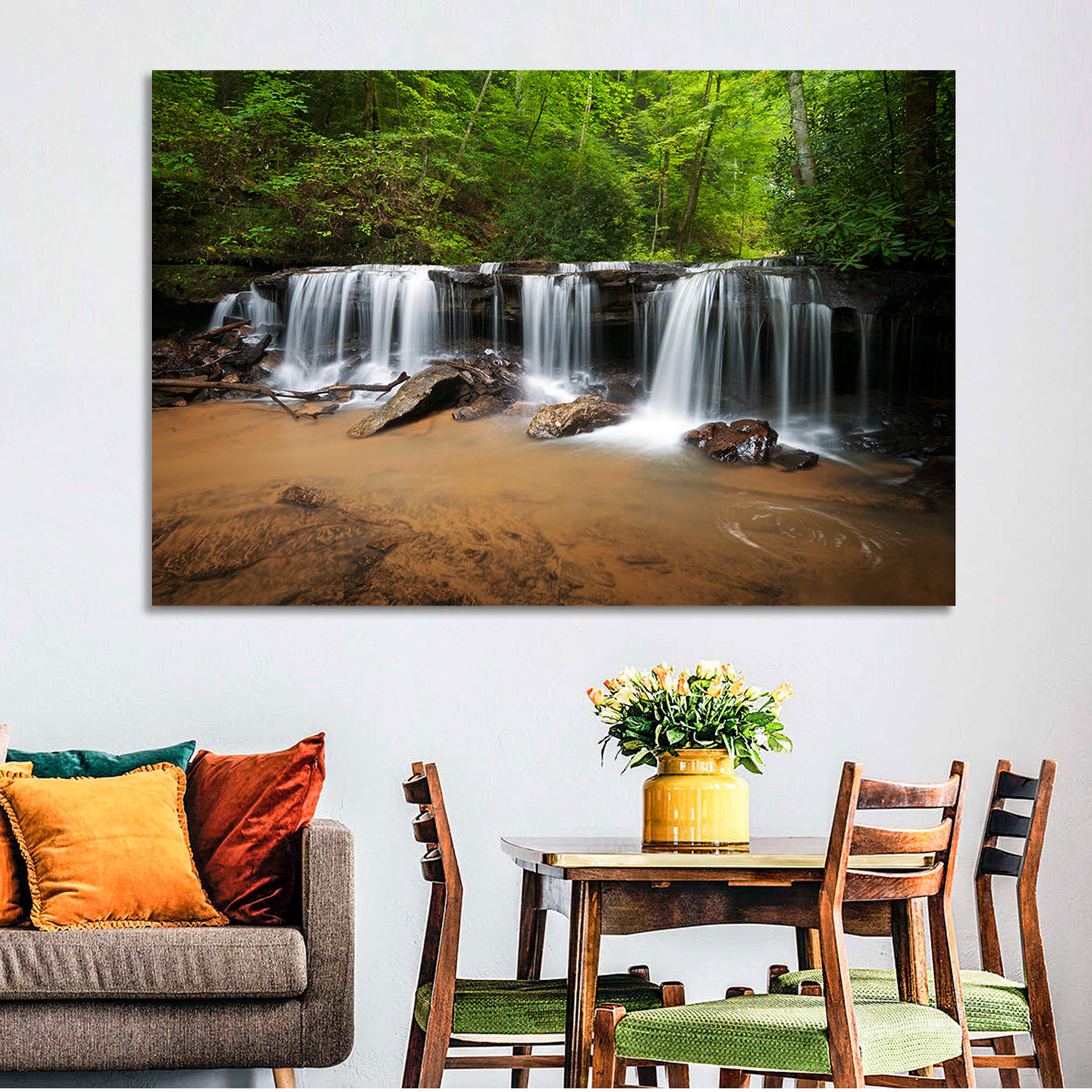 Lush Green Forest Waterfall Wall Art in a room, landscape