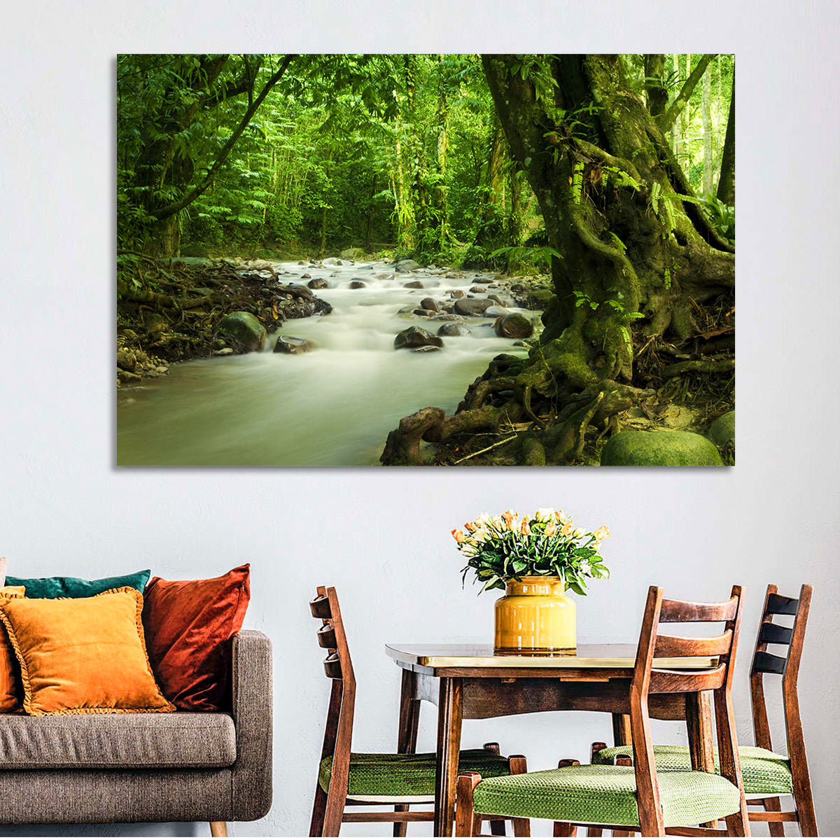 Emerald Rainforest River Wall Art in a room, landscape