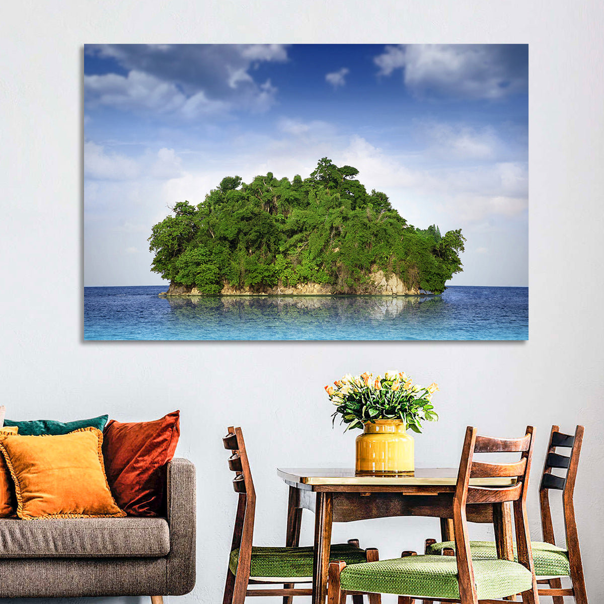 Tranquil Tropical Island Reflection Wall Art in a room, landscape
