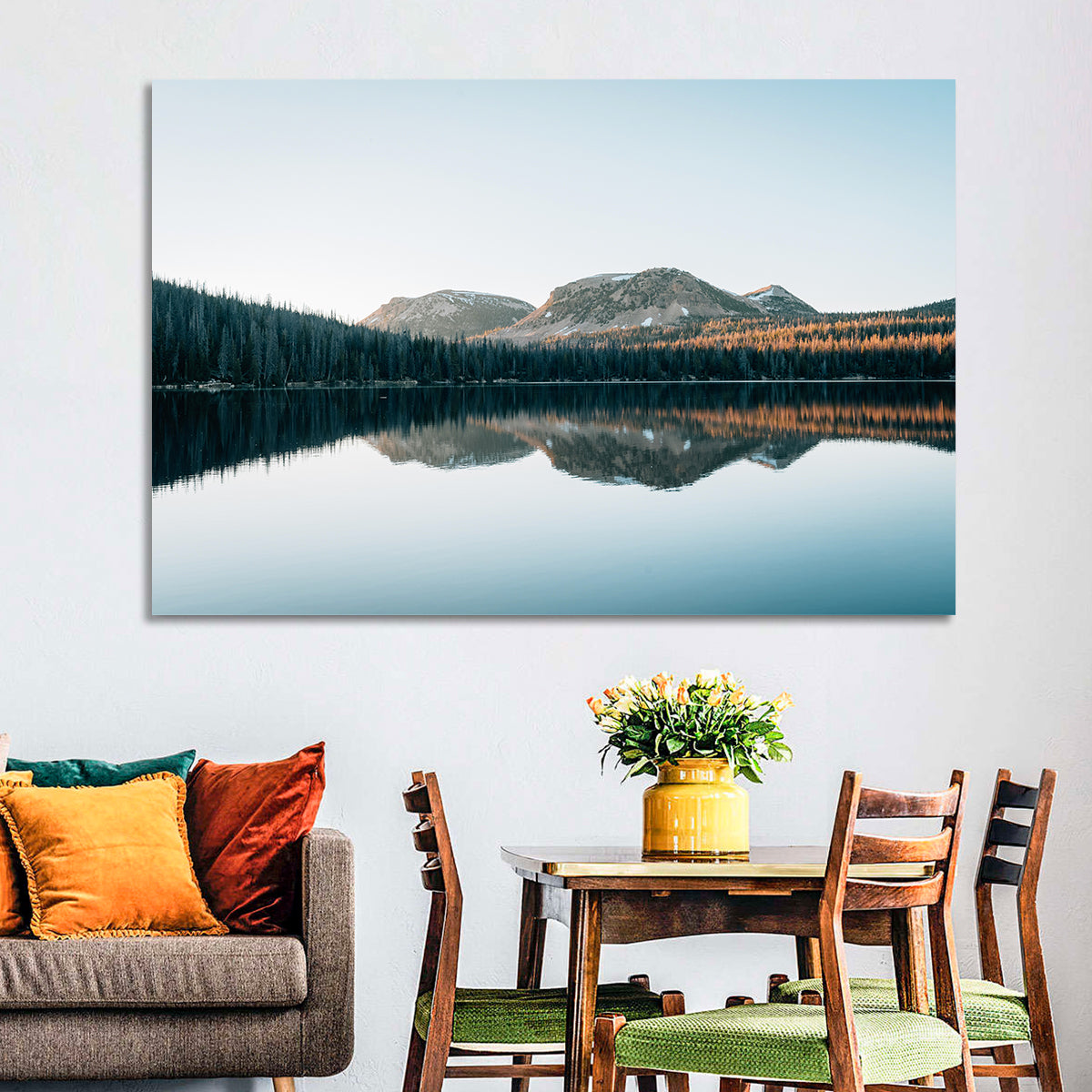 Mirror Lake Utah Reflection Wall Art in a room, landscape