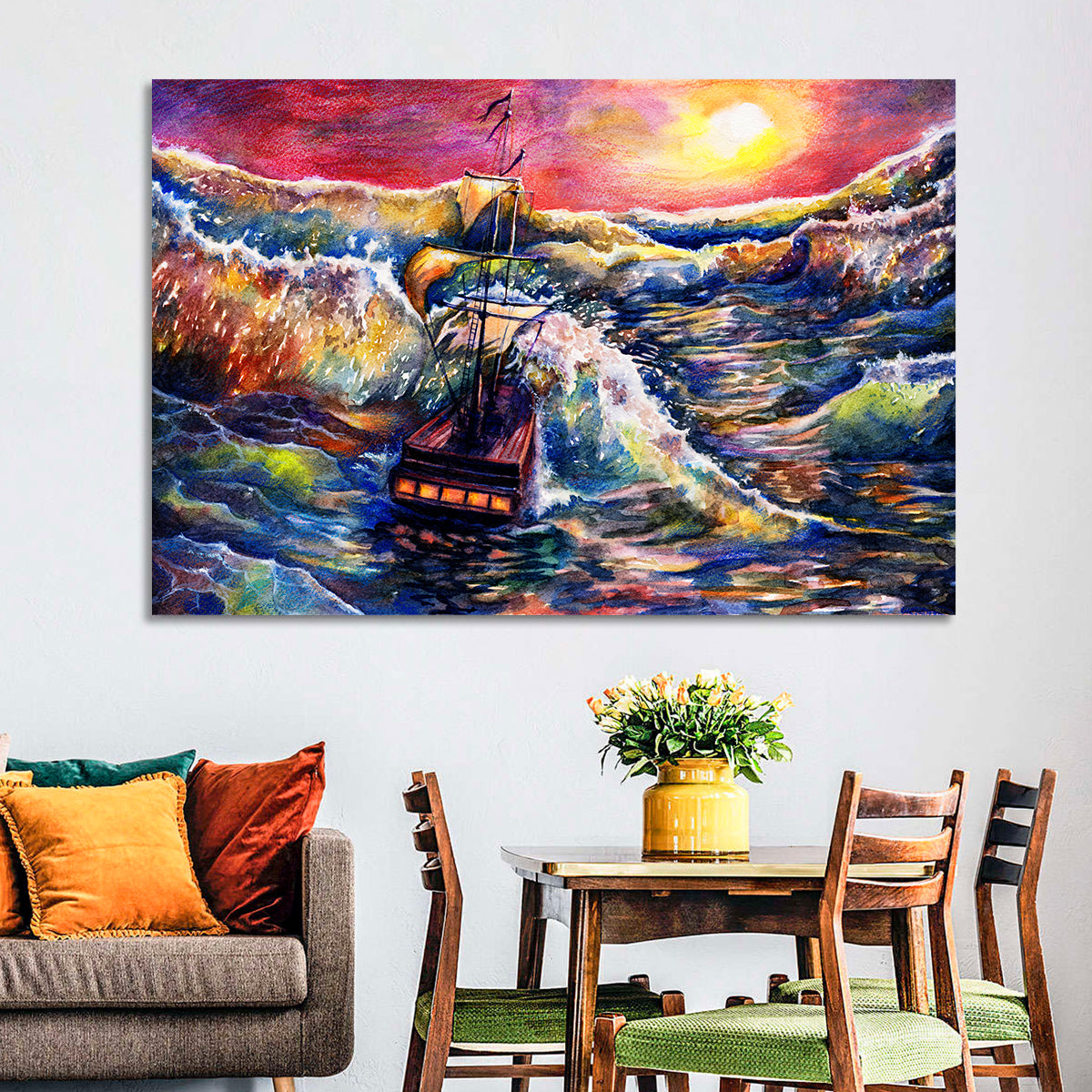 Stormy Sunset Sailing Ship Wall Art in a room, landscape