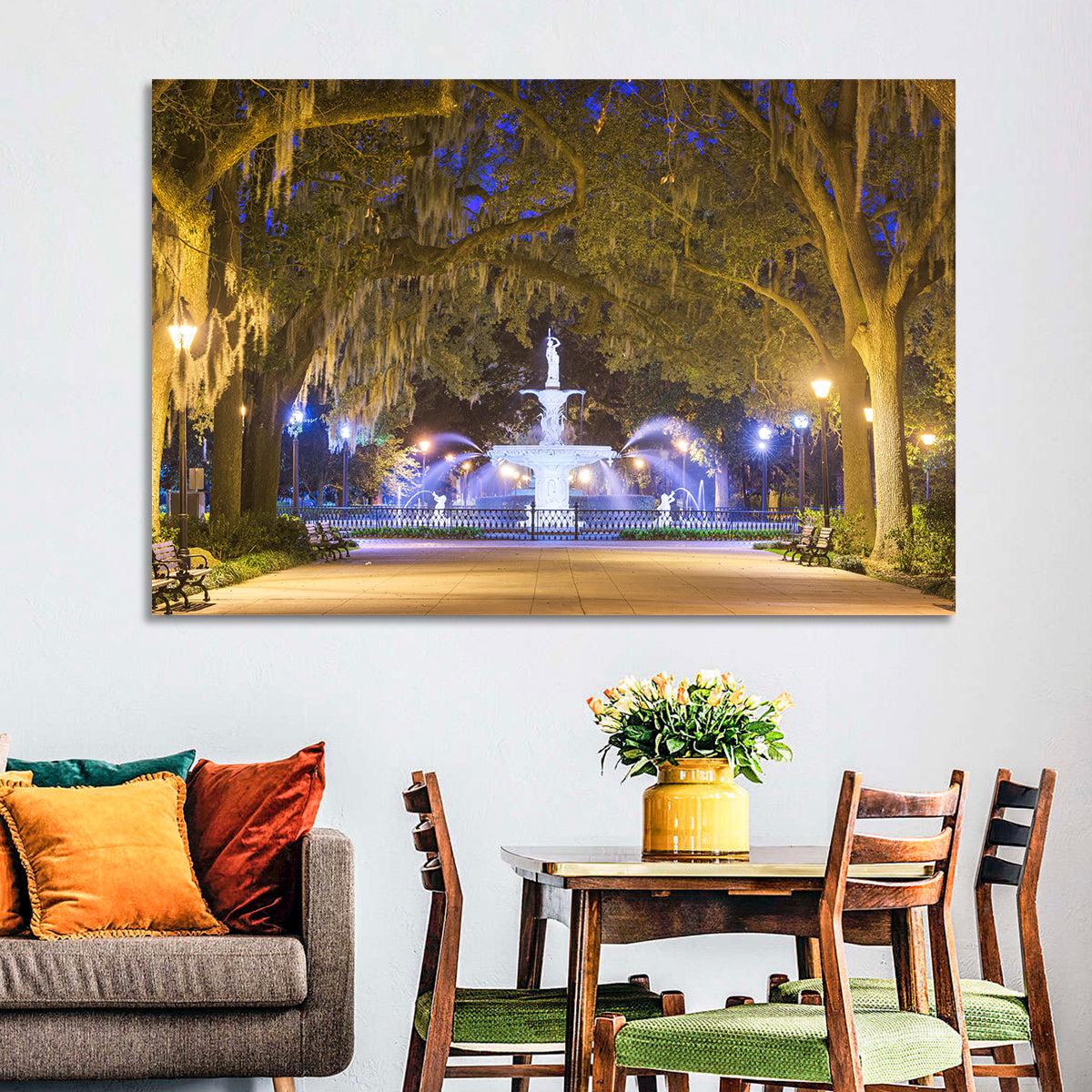 Forsyth Park Fountain at Night Wall Art in a room, landscape