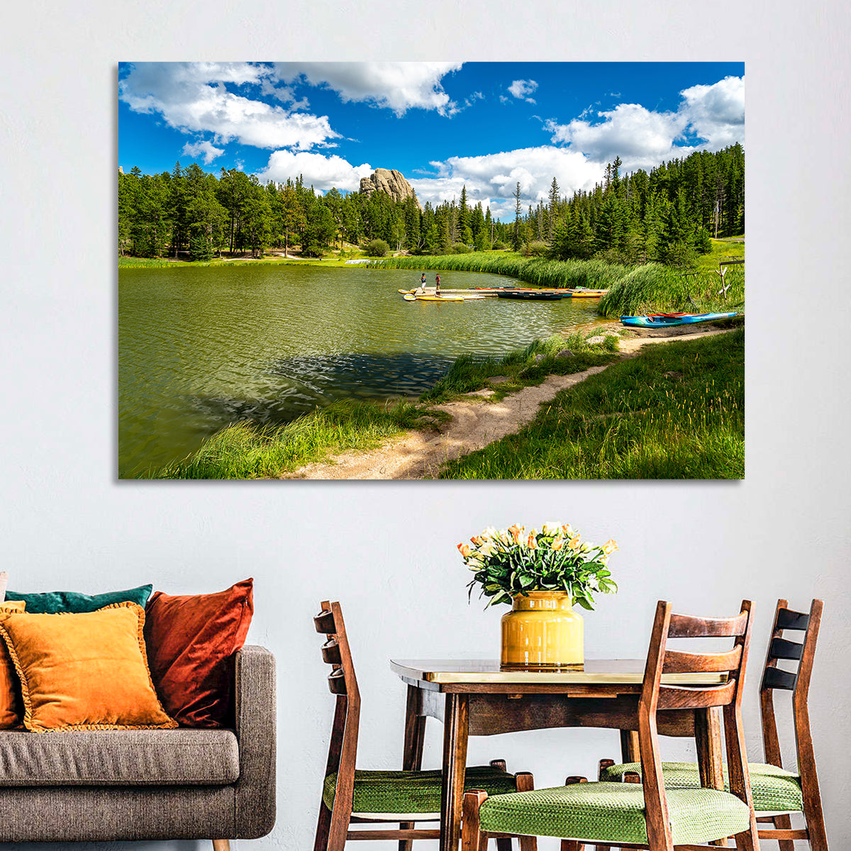 Sylvan Lake Dockside Scene Wall Art in a room, landscape