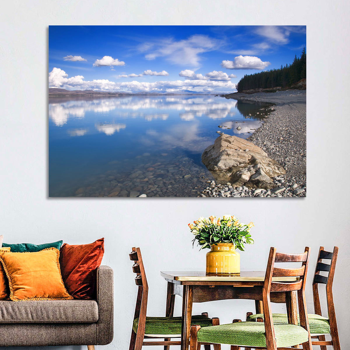 Pukaki Pebbled Shoreline Wall Art in a room, landscape