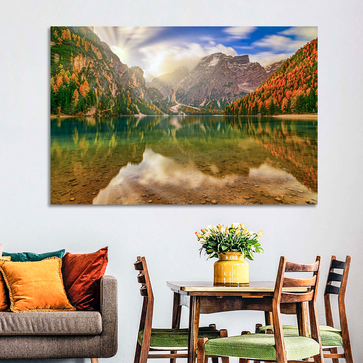 Lago Di Braies Sunrise Wall Art in a room, landscape