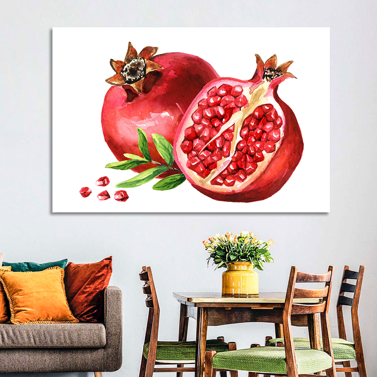 Fresh Pomegranate Watercolor Wall Art in a room, landscape