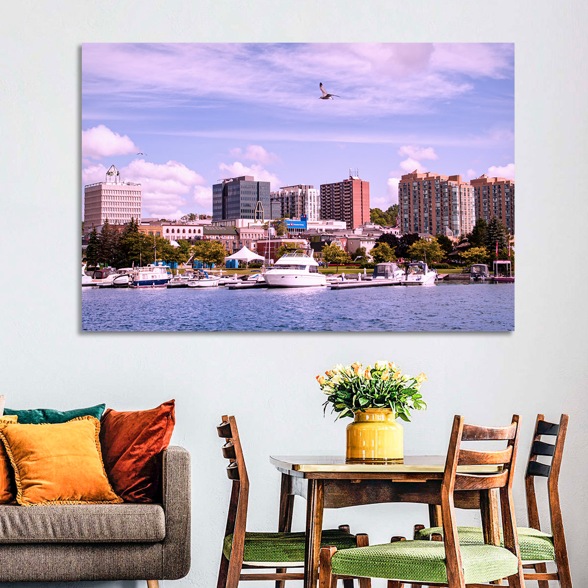 Barrie Lakefront Skyline Wall Art in a room, landscape