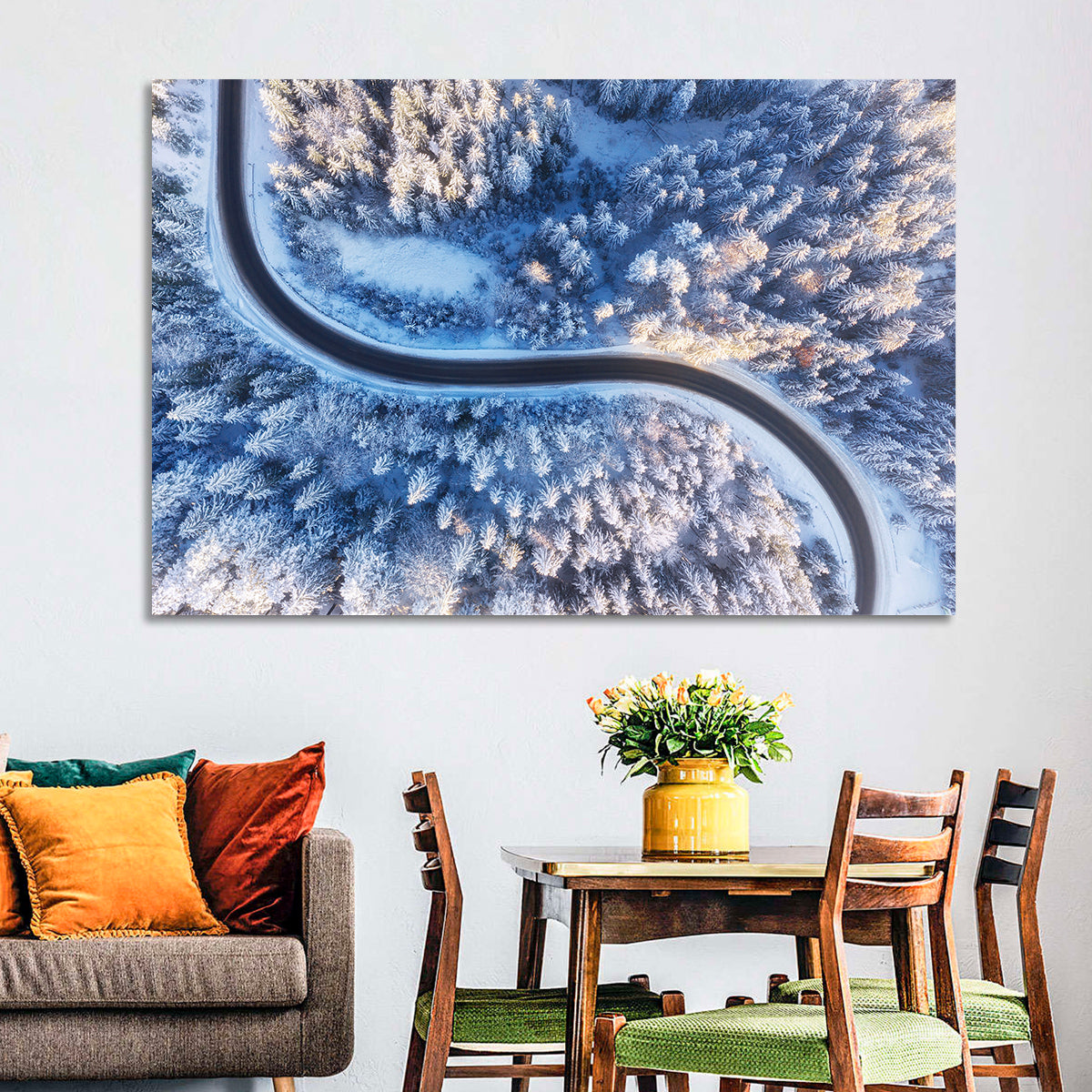 Snowy Forest Road at Golden Hour Wall Art in a room, landscape