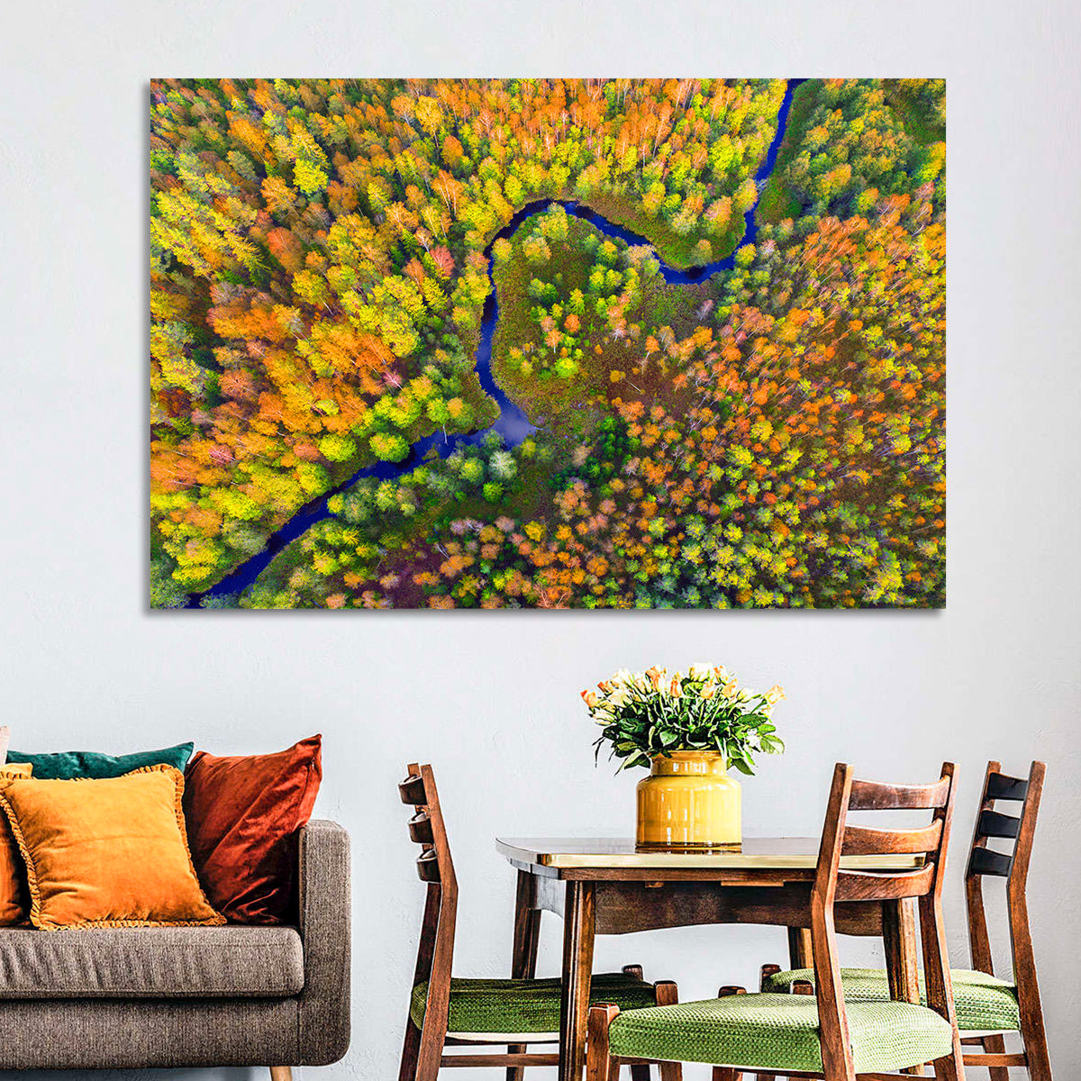 Winding Autumn River Wall Art in a room, landscape