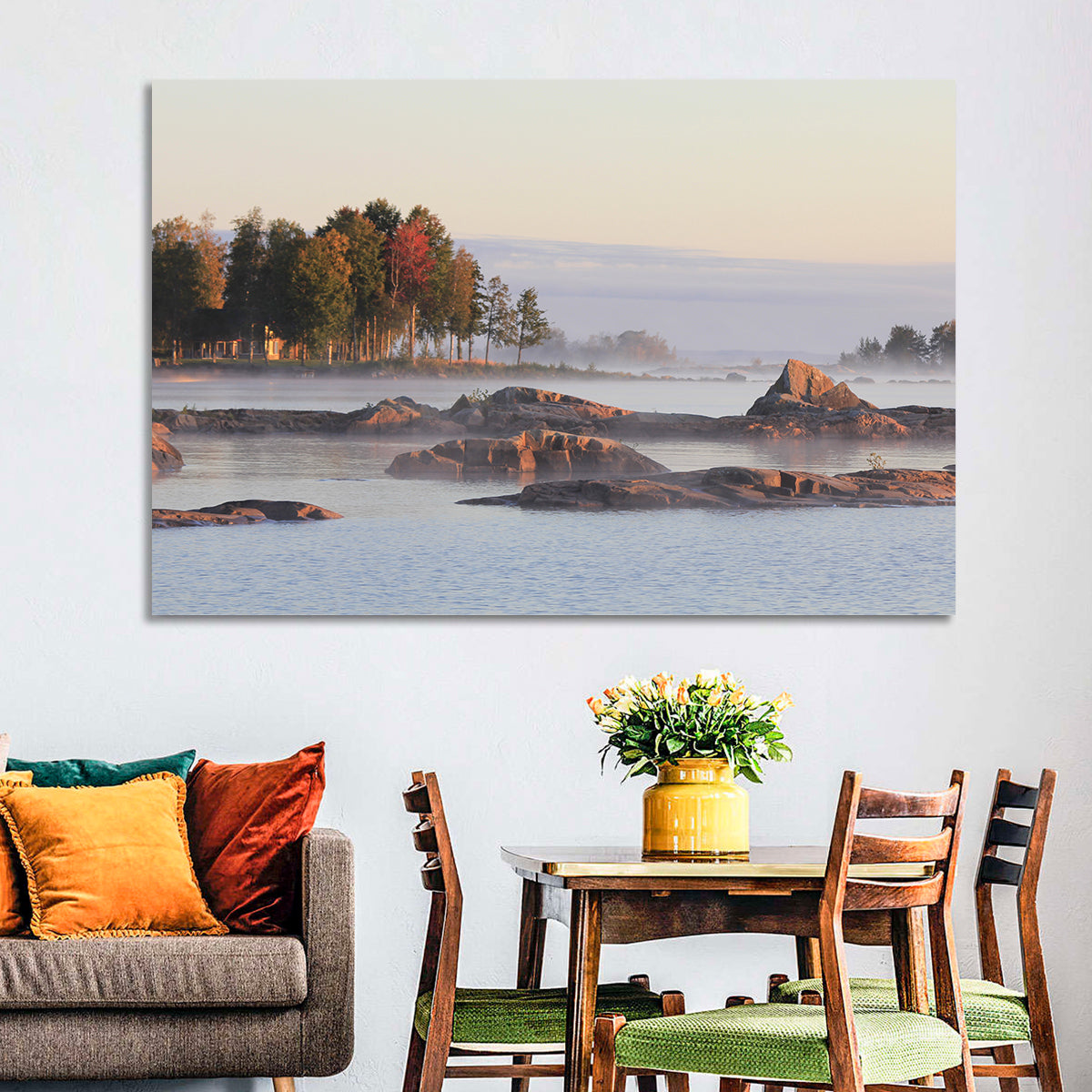 Lake Vanern Misty Shoreline Wall Art in a room, landscape