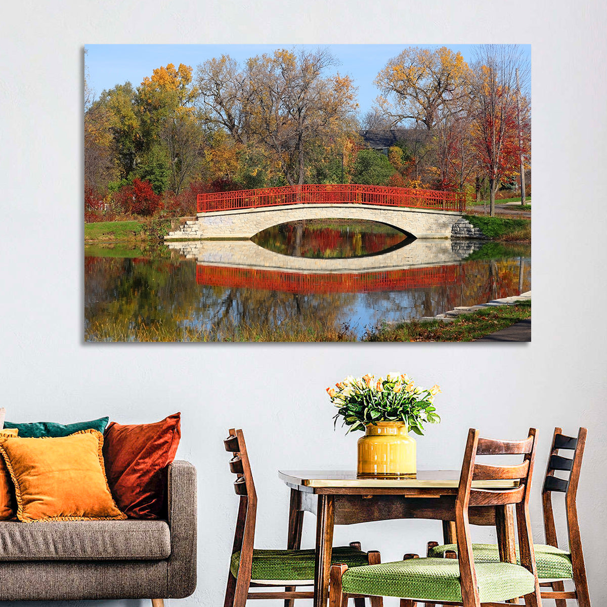 Tenney Park Stone Bridge Reflection Wall Art in a room, landscape