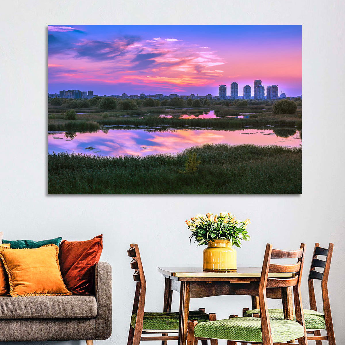 Vacaresti Park Sunset Reflection Wall Art in a room, landscape