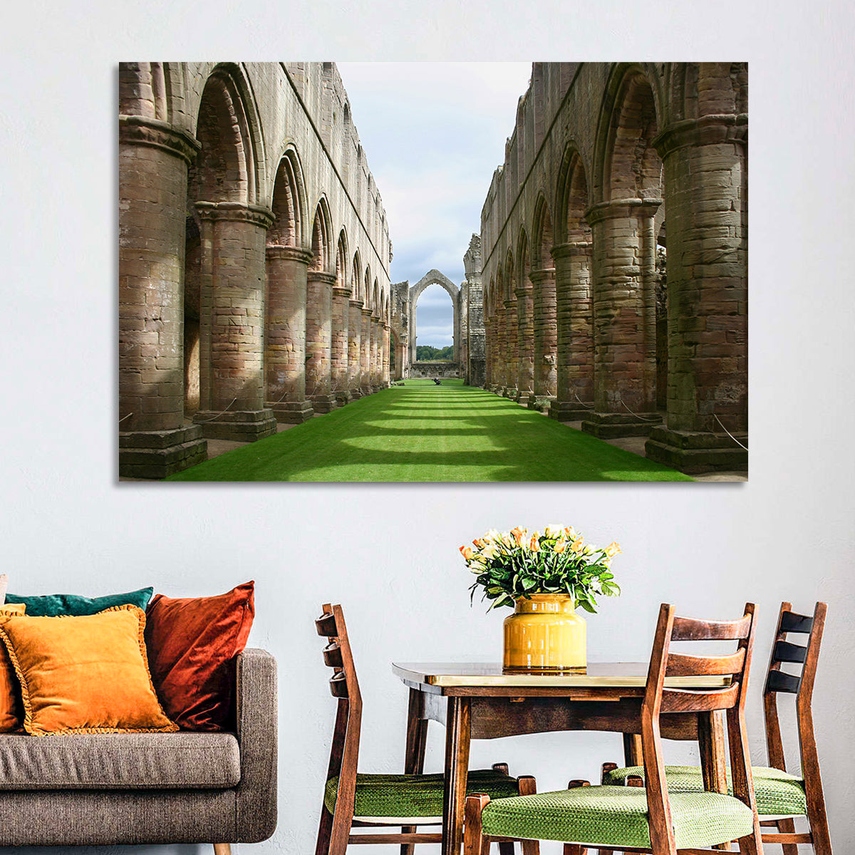 Fountains Abbey Ruins Grassy Nave View Wall Art in a room, landscape