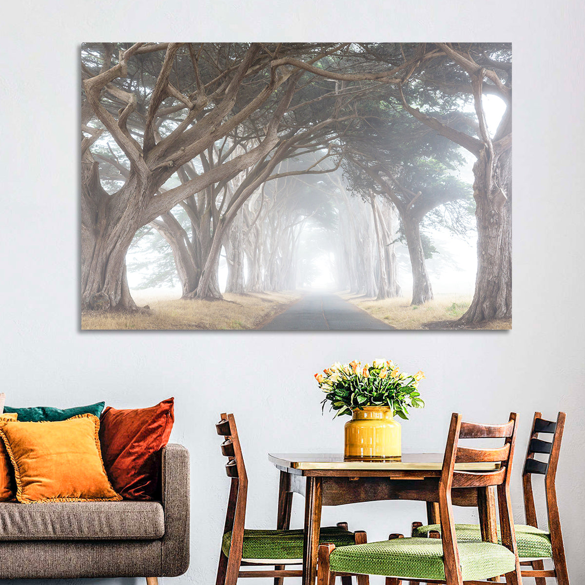 Misty Cypress Tunnel Wall Art in a room, landscape