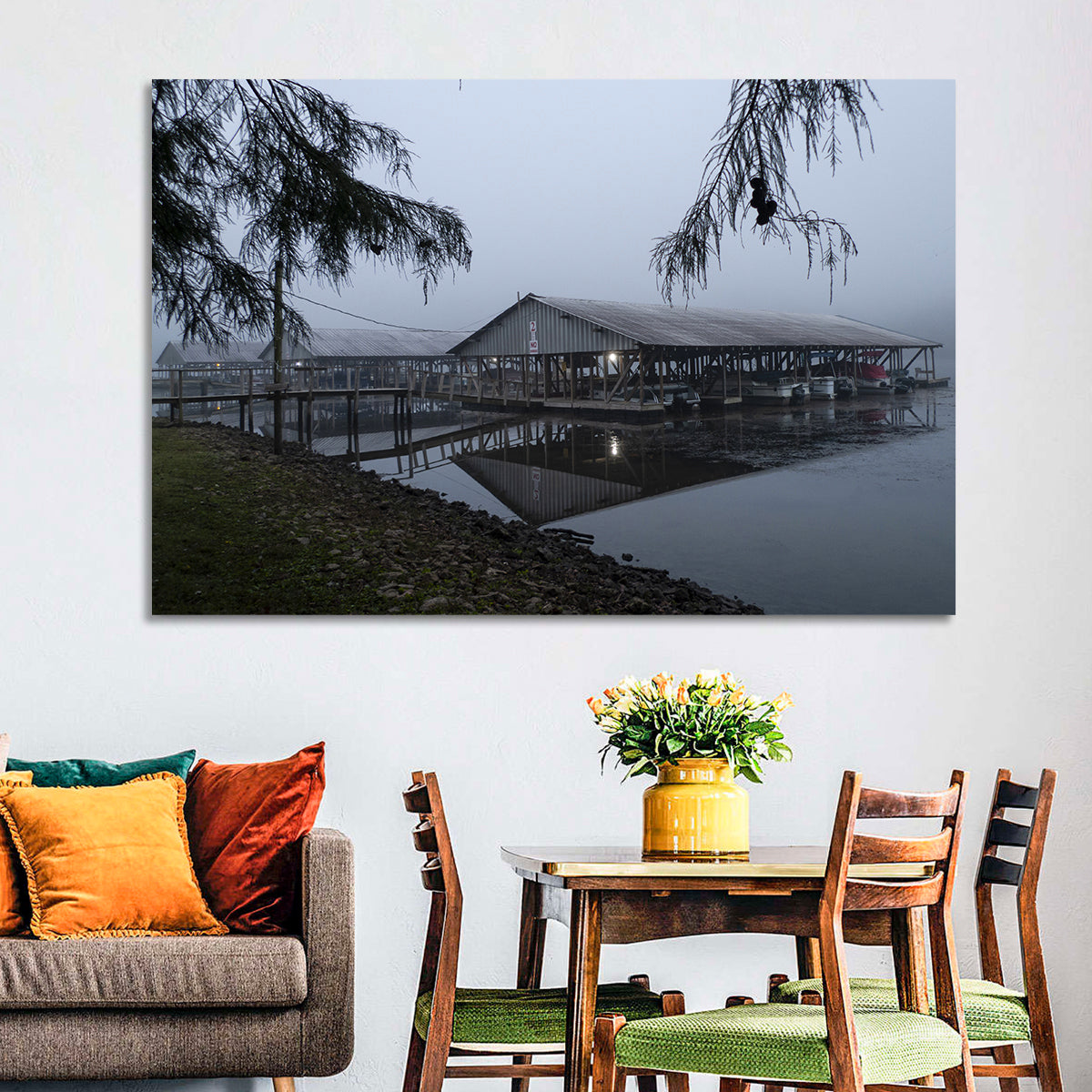 Ozark Beach Resort Boathouse Wall Art in a room, landscape