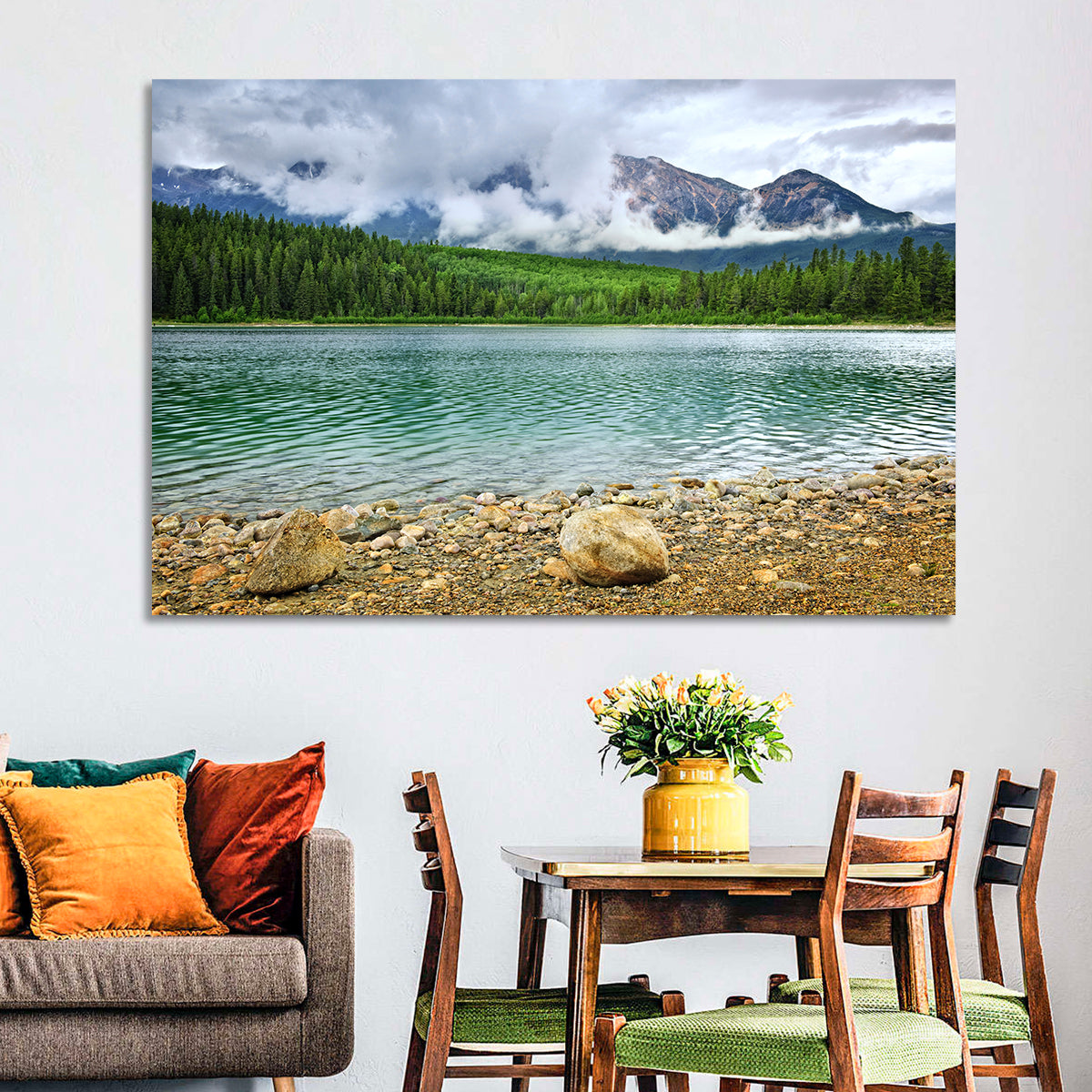 Patricia Lake Cloudy Peaks Wall Art in a room, landscape